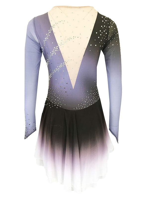 Robe de Patinage Artistique pour Femmes et Filles, Vêtements de Danse, Dos Ouvert, Élasthanne, Haute Élasticité, Cristal/Strass, Manches Longues, Robe de Patinage Sur Glace