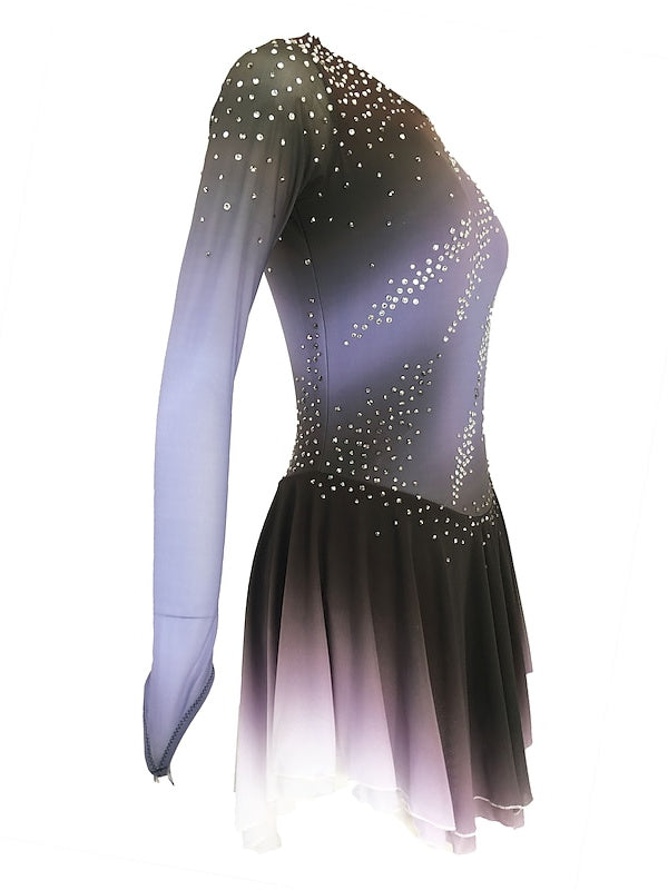 Robe de Patinage Artistique pour Femmes et Filles, Vêtements de Danse, Dos Ouvert, Élasthanne, Haute Élasticité, Cristal/Strass, Manches Longues, Robe de Patinage Sur Glace