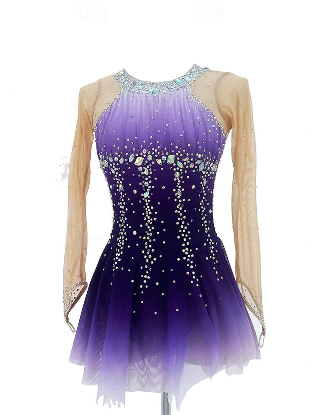 Robe de Patinage Artistique pour Femmes et Filles, Vêtements de Danse, Teinture Halo, Haute Élasticité, Cristal/Strass, Manches Longues, Robe de Patinage Sur Glace