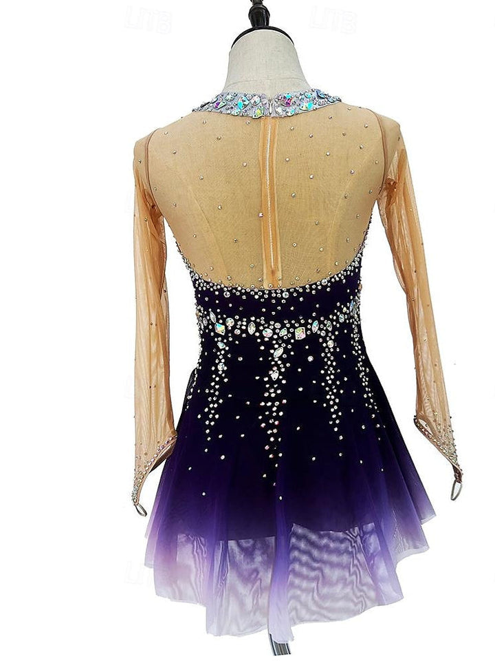 Robe de Patinage Artistique pour Femmes et Filles, Vêtements de Danse, Teinture Halo, Haute Élasticité, Cristal/Strass, Manches Longues, Robe de Patinage Sur Glace