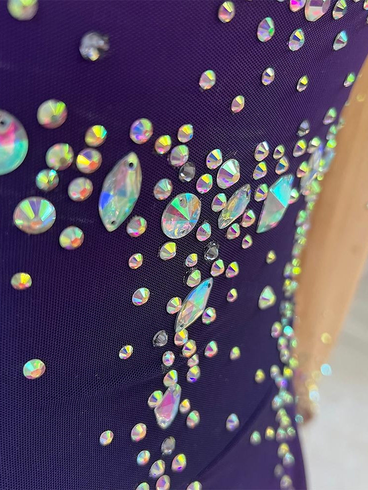 Robe de Patinage Artistique pour Femmes et Filles, Vêtements de Danse, Teinture Halo, Haute Élasticité, Cristal/Strass, Manches Longues, Robe de Patinage Sur Glace