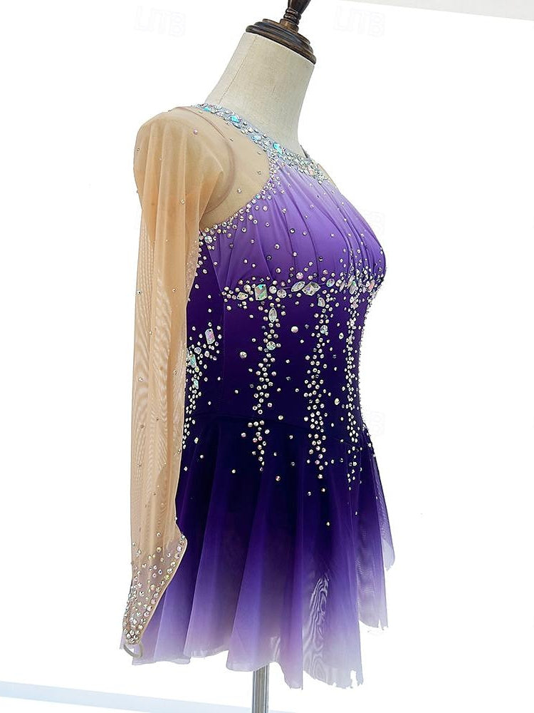 Robe de Patinage Artistique pour Femmes et Filles, Vêtements de Danse, Teinture Halo, Haute Élasticité, Cristal/Strass, Manches Longues, Robe de Patinage Sur Glace