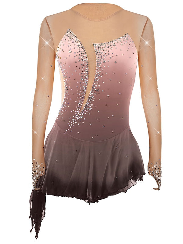 Robe de Patinage Artistique pour Femmes et Filles, Vêtements de Danse, Ourlet Asymétrique, Strass, Maille, Élasthanne, Manches Longues, Robe de Patinage Sur Glace
