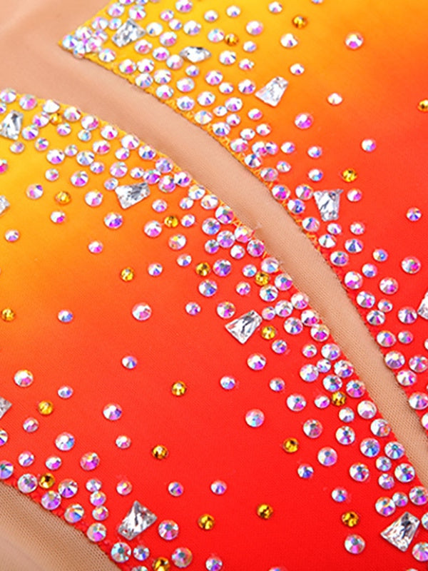 Robe de Patinage Artistique pour Femmes et Filles, Vêtements de Danse, Ourlet Asymétrique, Strass, Maille, Élasthanne, Manches Longues, Robe de Patinage Sur Glace