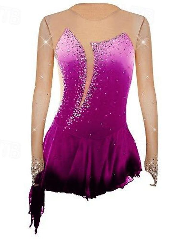 Robe de Patinage Artistique pour Femmes et Filles, Vêtements de Danse, Ourlet Asymétrique, Strass, Maille, Élasthanne, Manches Longues, Robe de Patinage Sur Glace