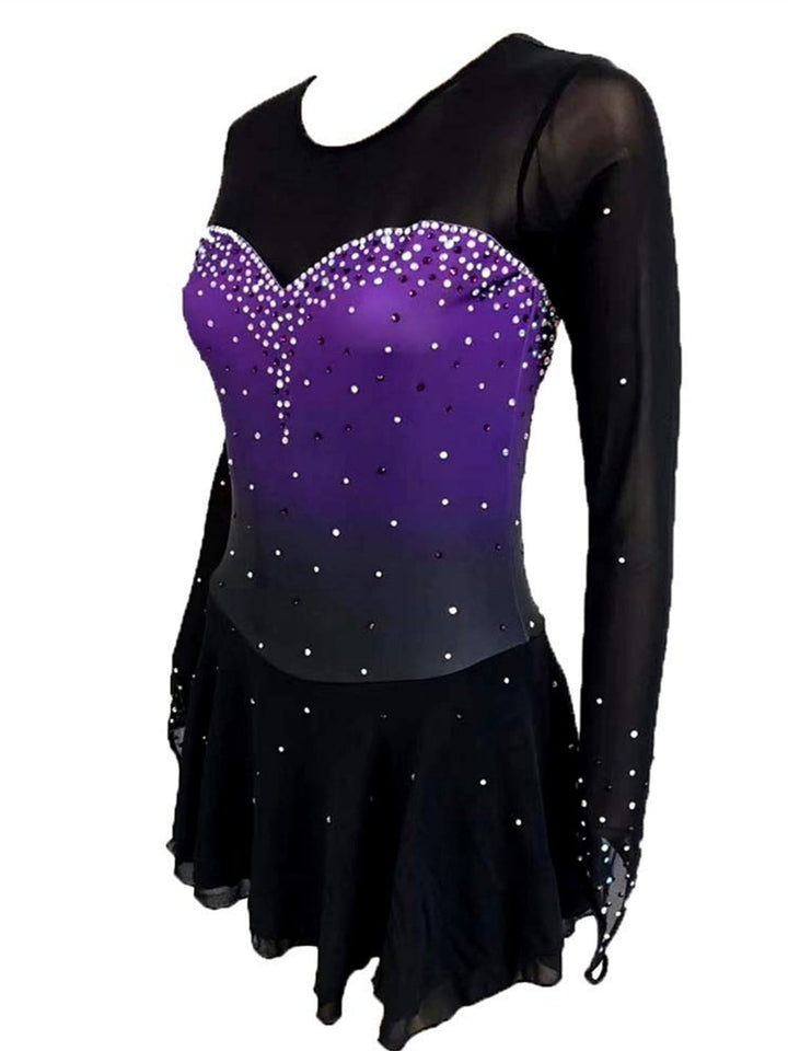 Robe de Patinage Artistique à Manches Longues pour Femmes et Filles, Robe de Patinage Sur Glace avec Cristaux/Strass