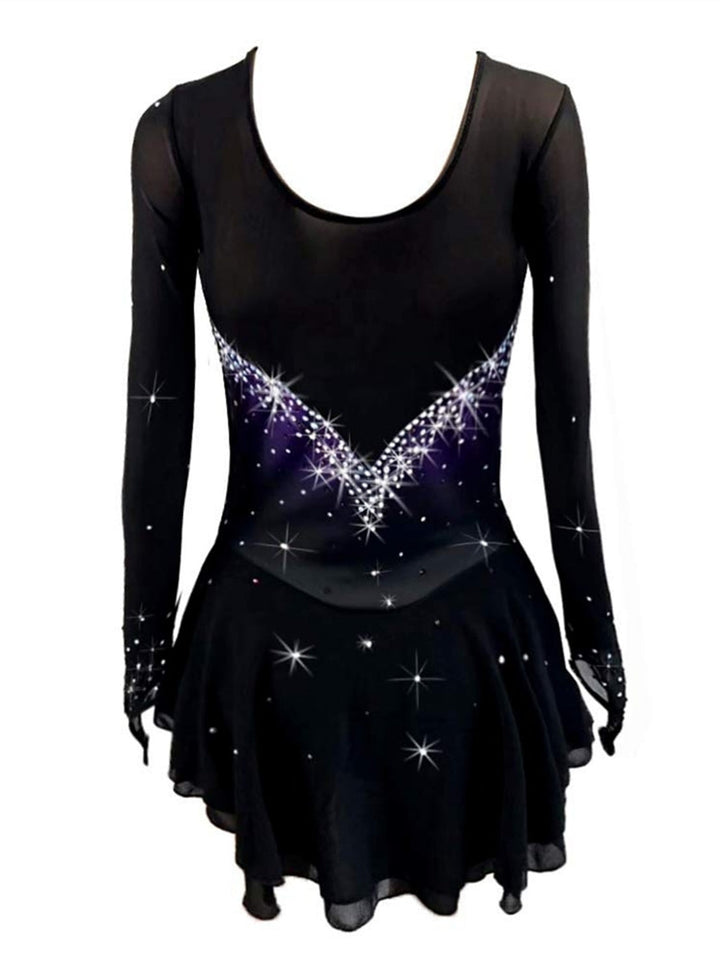 Robe de Patinage Artistique à Manches Longues pour Femmes et Filles, Robe de Patinage Sur Glace avec Cristaux/Strass
