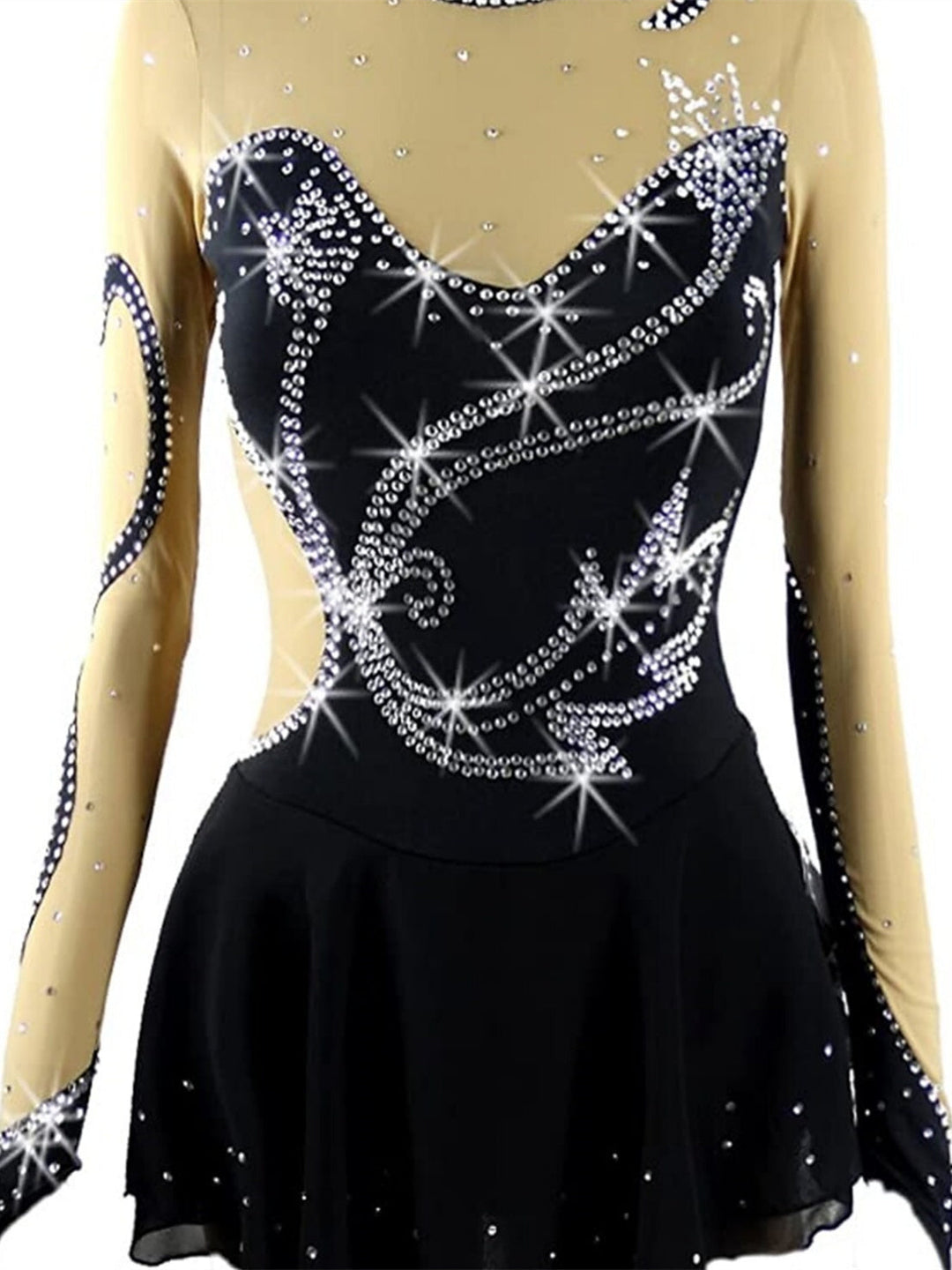 Robe de Patinage Artistique à Manches Longues pour Femmes et Filles, Robe de Patinage Sur Glace avec Cristaux/Strass