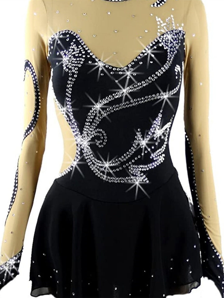 Robe de Patinage Artistique à Manches Longues pour Femmes et Filles, Robe de Patinage Sur Glace avec Cristaux/Strass