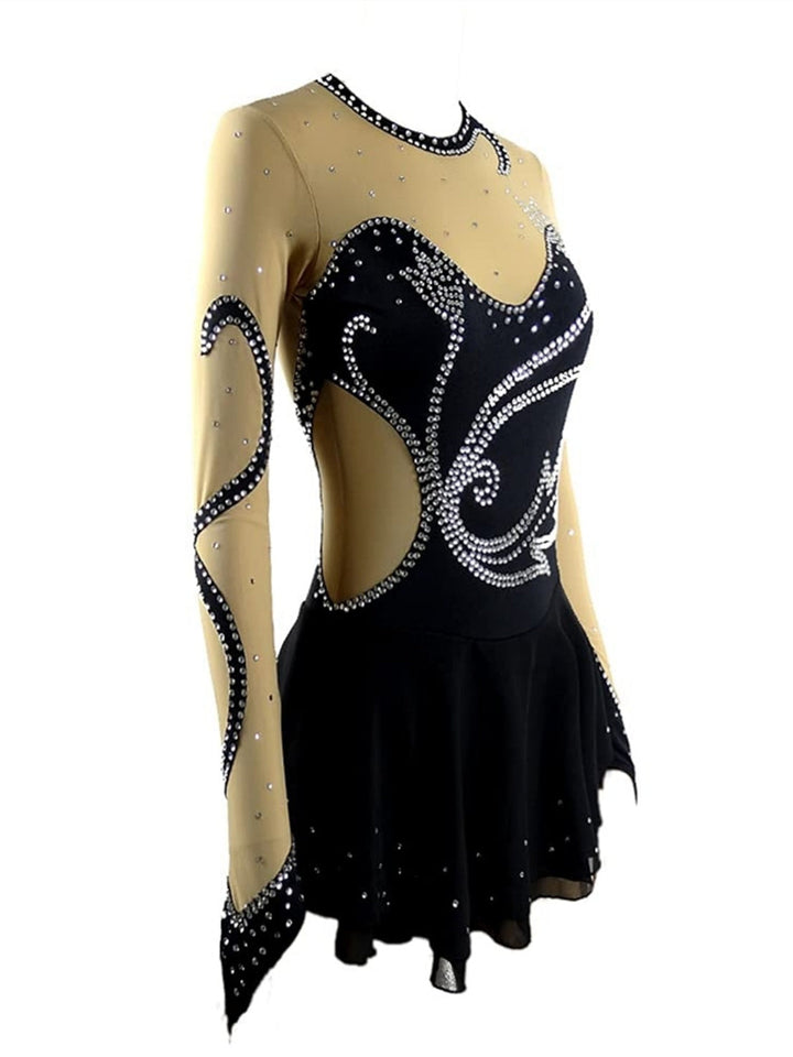 Robe de Patinage Artistique à Manches Longues pour Femmes et Filles, Robe de Patinage Sur Glace avec Cristaux/Strass