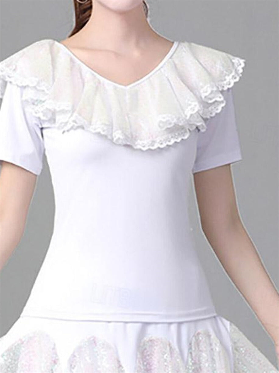 Danse Latine pour Femmes, Danse de Salon, Manches Courtes, Tulle à Épissure en Polyester Haut de Gamme, Performance pour Femmes