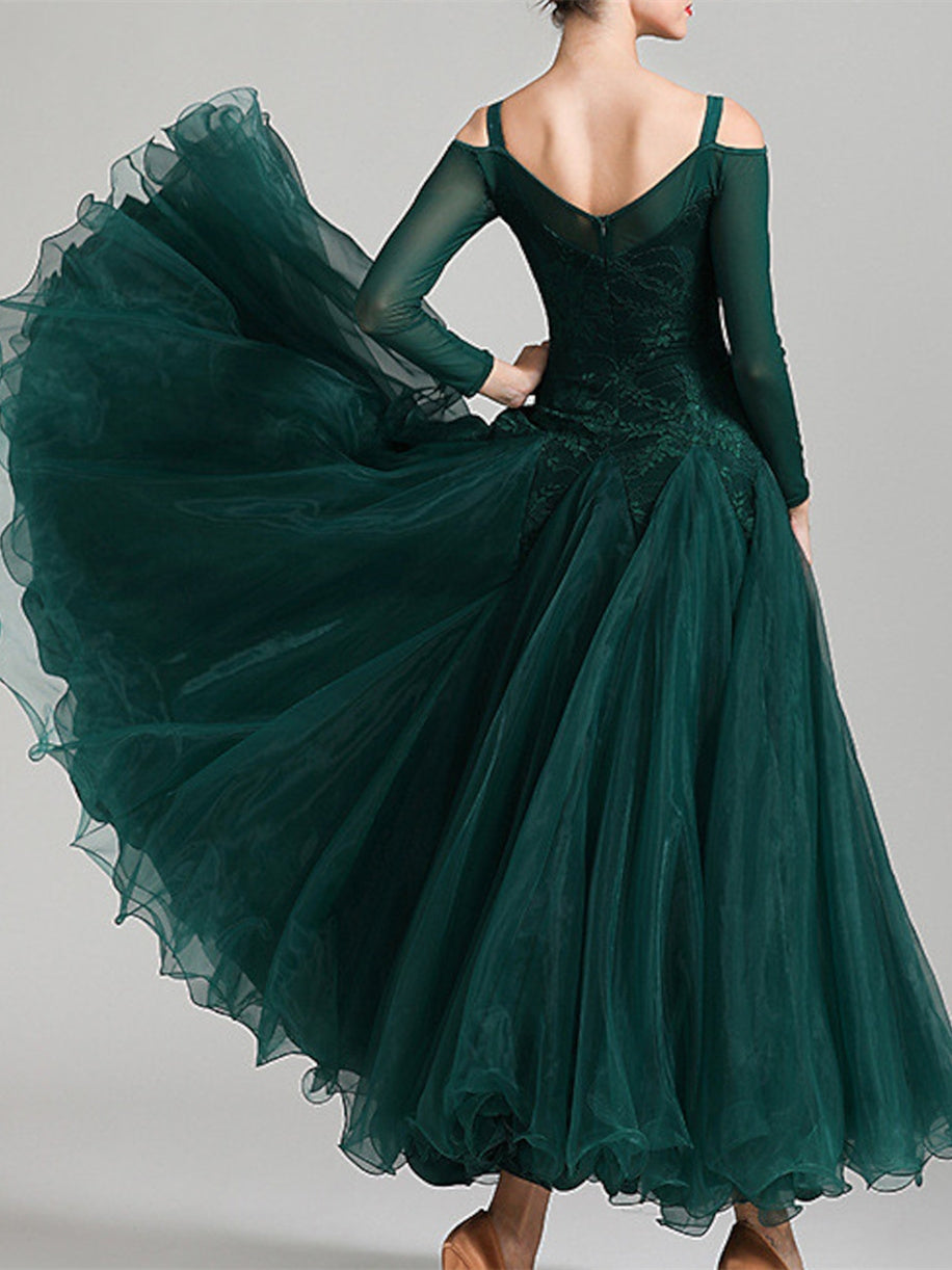 Robe de Danse de Salon pour Femmes, Couleur Unie, Manches Longues, pour Spectacle de Danse de Salon