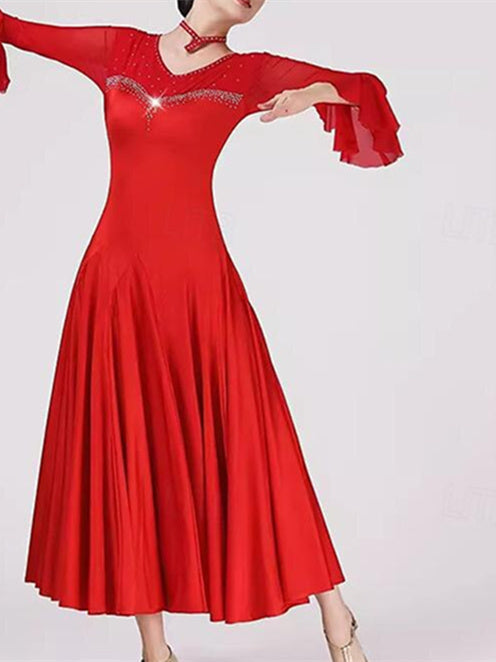 Robe de Danse de Salon pour Femmes, Couleur Pure, Cristaux/Strass, Performance pour Femmes, Manches Longues