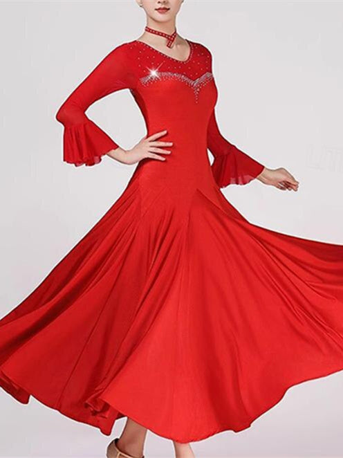 Robe de Danse de Salon pour Femmes, Couleur Pure, Cristaux/Strass, Performance pour Femmes, Manches Longues