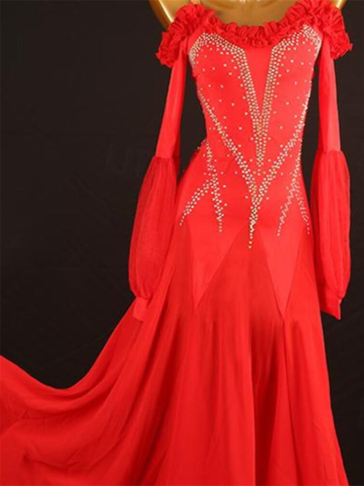 Robe de Danse de Salon pour Femmes, Cristaux/Strass, Manches Longues, pour Spectacle, pour Femmes