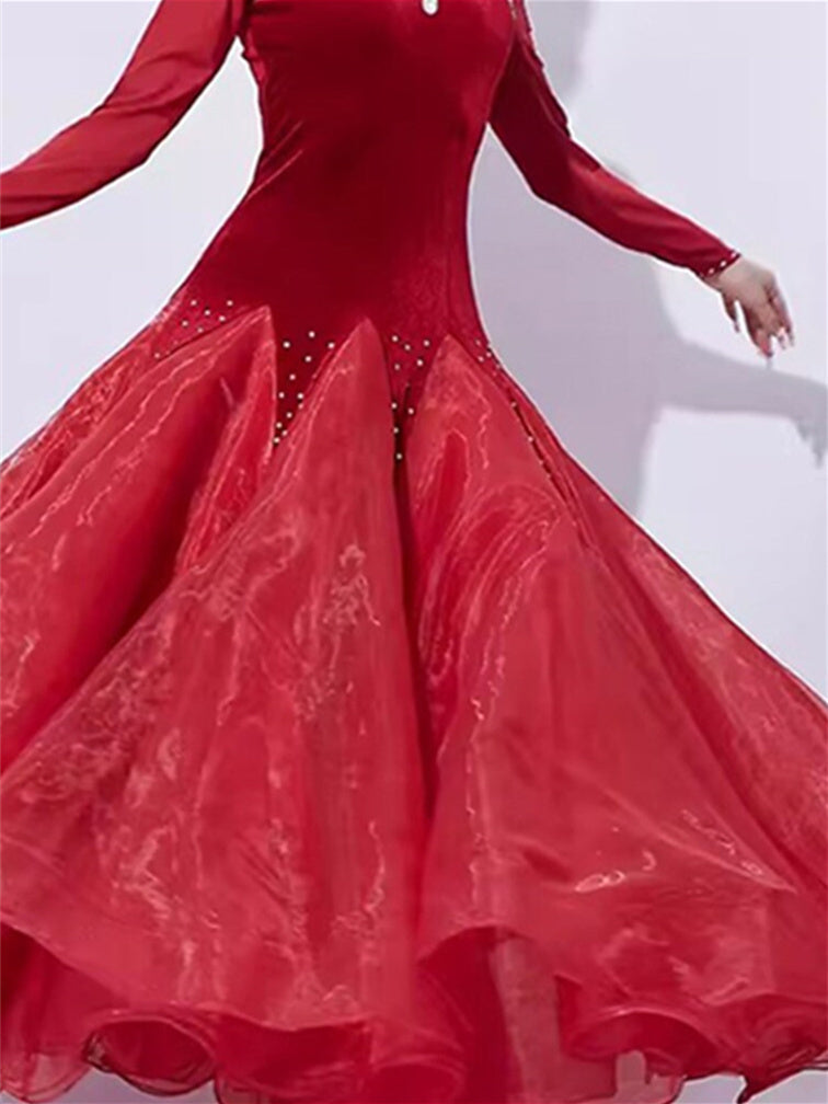 Robe de Danse de Salon pour Femmes, Tenue de Danse de Salon avec Épissage de Cristaux/Strass, Manches Longues pour Femmes