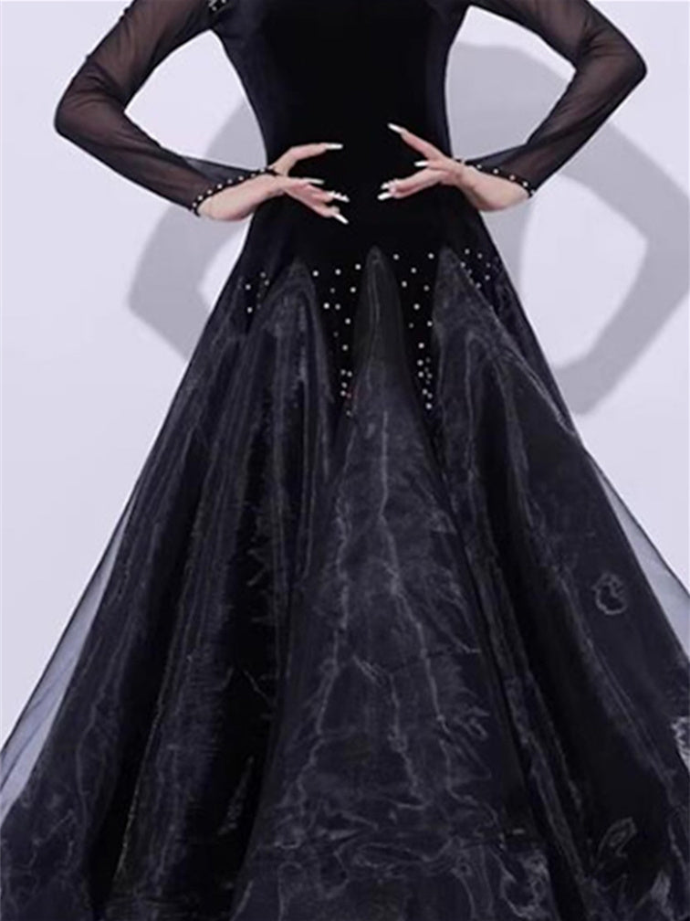 Robe de Danse de Salon pour Femmes, Tenue de Danse de Salon avec Épissage de Cristaux/Strass, Manches Longues pour Femmes