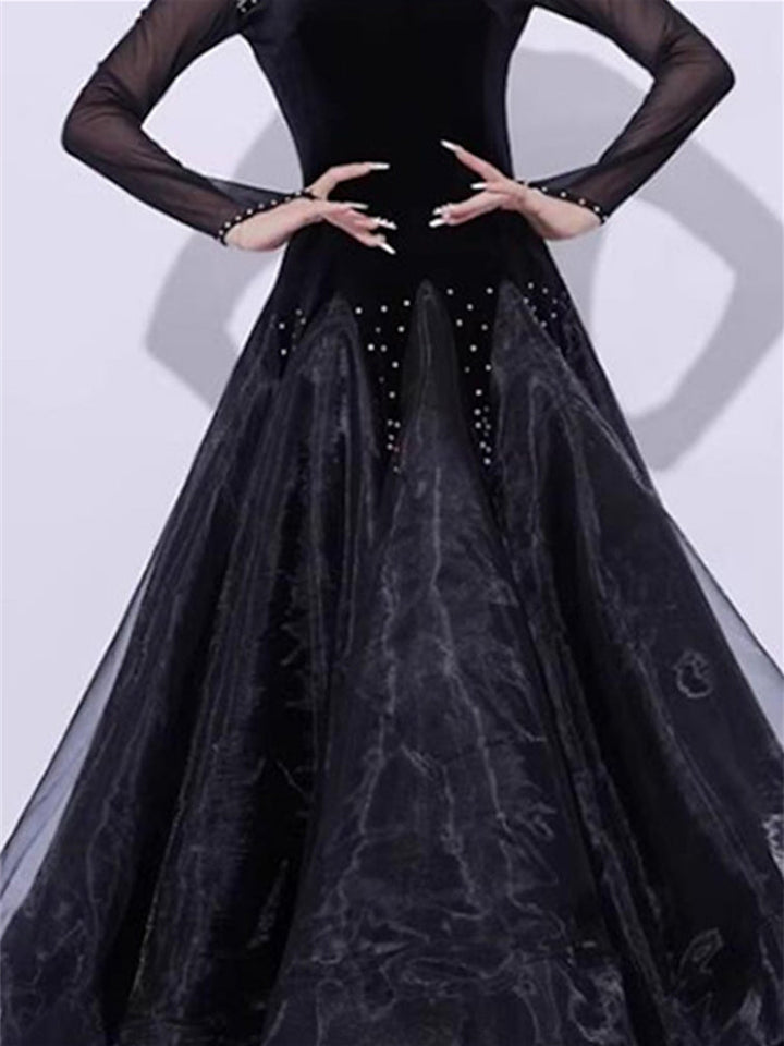 Robe de Danse de Salon pour Femmes, Tenue de Danse de Salon avec Épissage de Cristaux/Strass, Manches Longues pour Femmes