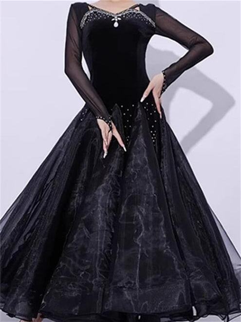 Robe de Danse de Salon pour Femmes, Tenue de Danse de Salon avec Épissage de Cristaux/Strass, Manches Longues pour Femmes