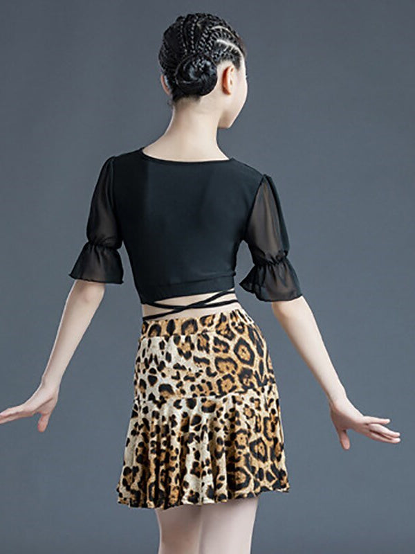 Jupes de Danse pour Enfants à Manches Courtes en Polyester Imprimé Léopard pour Filles