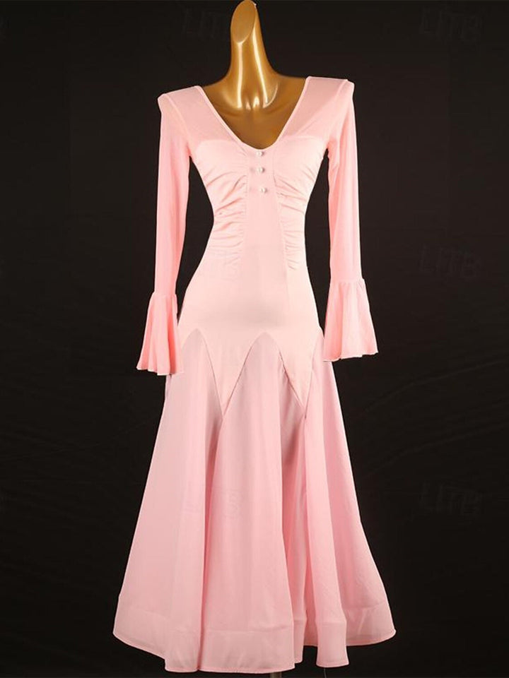 Robe de Danse de Salon pour Femmes, Couleur Unie, Manches Longues, Haute en Mousseline de Soie, Chinlon, Tulle