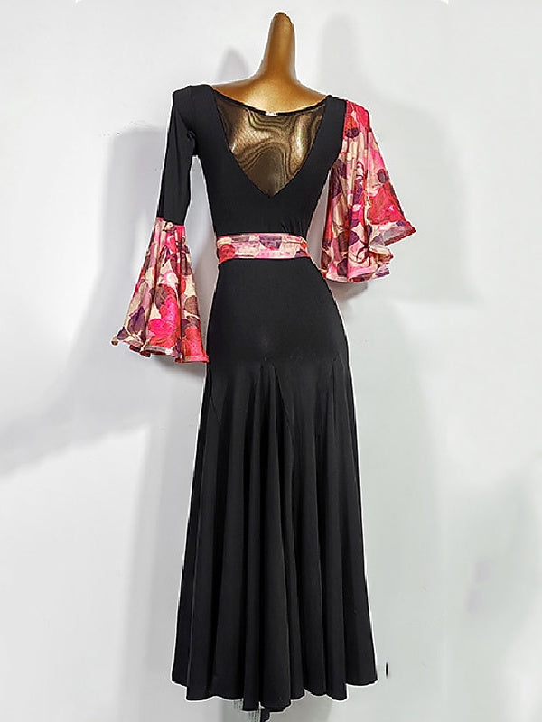 Robe de Danse de Salon Danvewear pour Femmes, Imprimé Plis, Épissure, Performance, Soirée, Manches Longues