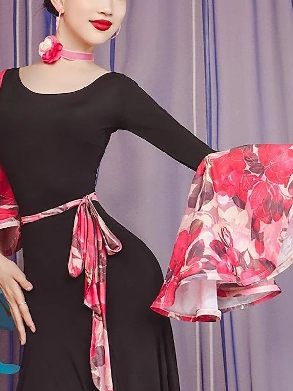 Robe de Danse de Salon Danvewear pour Femmes, Imprimé Plis, Épissure, Performance, Soirée, Manches Longues