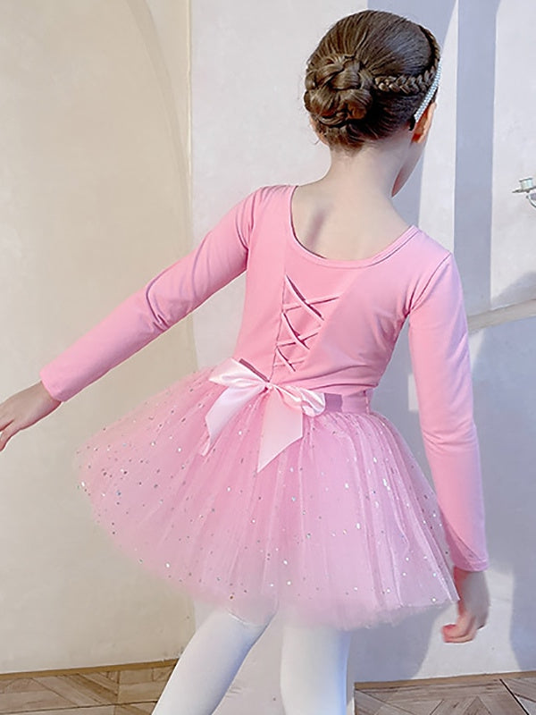 Vêtements de Danse pour Enfants, Nœud Papillon, Dentelle, Couleur Unie, Manches Longues, Mélange de Coton et Tulle pour Filles
