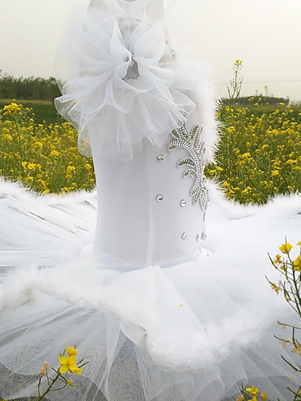 Robe de Danse pour Enfants, Col en V, Plumes/Fourrure, Paillettes, Performance en Élasthanne pour Filles