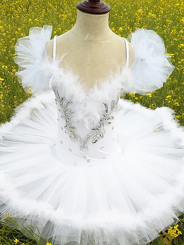 Robe de Danse pour Enfants, Col en V, Plumes/Fourrure, Paillettes, Performance en Élasthanne pour Filles