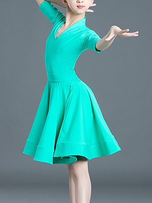 Robe de Danse Latine pour Enfants, Couleur Unie, Demi-Manches, en Polyester, pour Filles