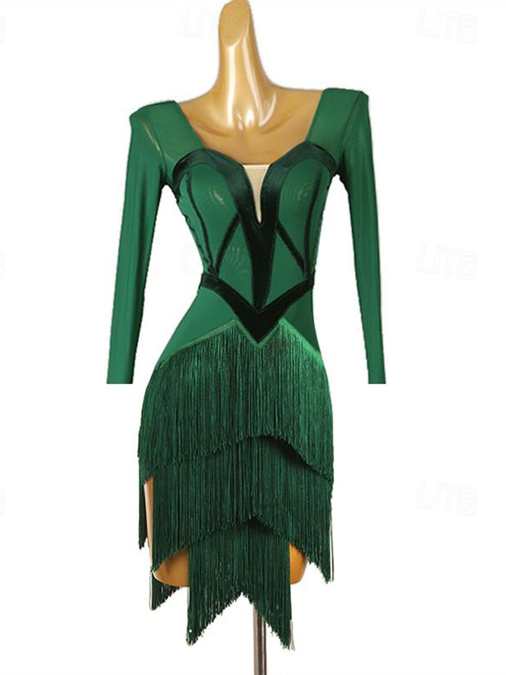 Robe de Danse Latine à Pompons pour Femme, Tenue D'Entraînement de Performance à Manches Longues