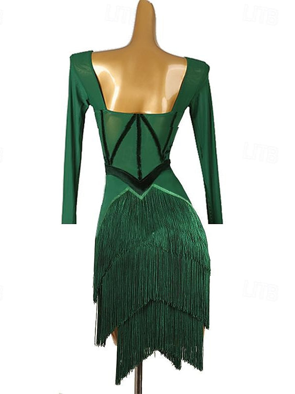 Robe de Danse Latine à Pompons pour Femme, Tenue D'Entraînement de Performance à Manches Longues