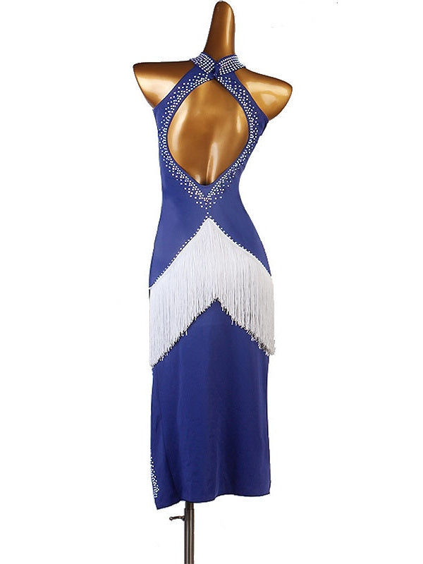 Robe de Danse Latine à Franges et Pompons avec Cristaux/Strass pour Femme Performance Sans Manches