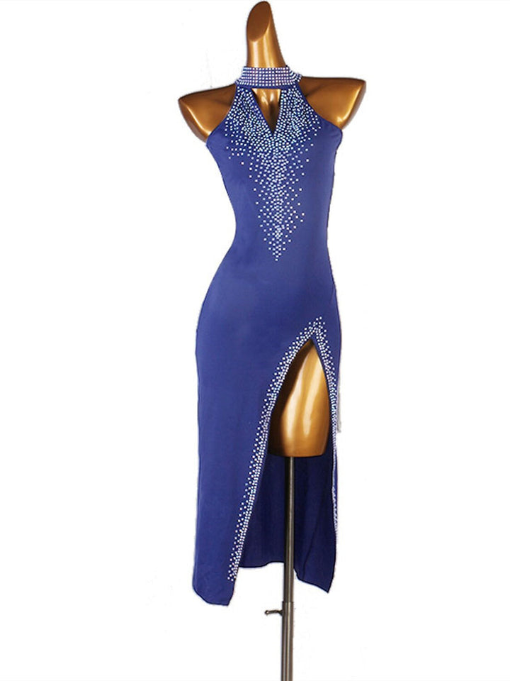 Robe de Danse Latine à Franges et Pompons avec Cristaux/Strass pour Femme Performance Sans Manches