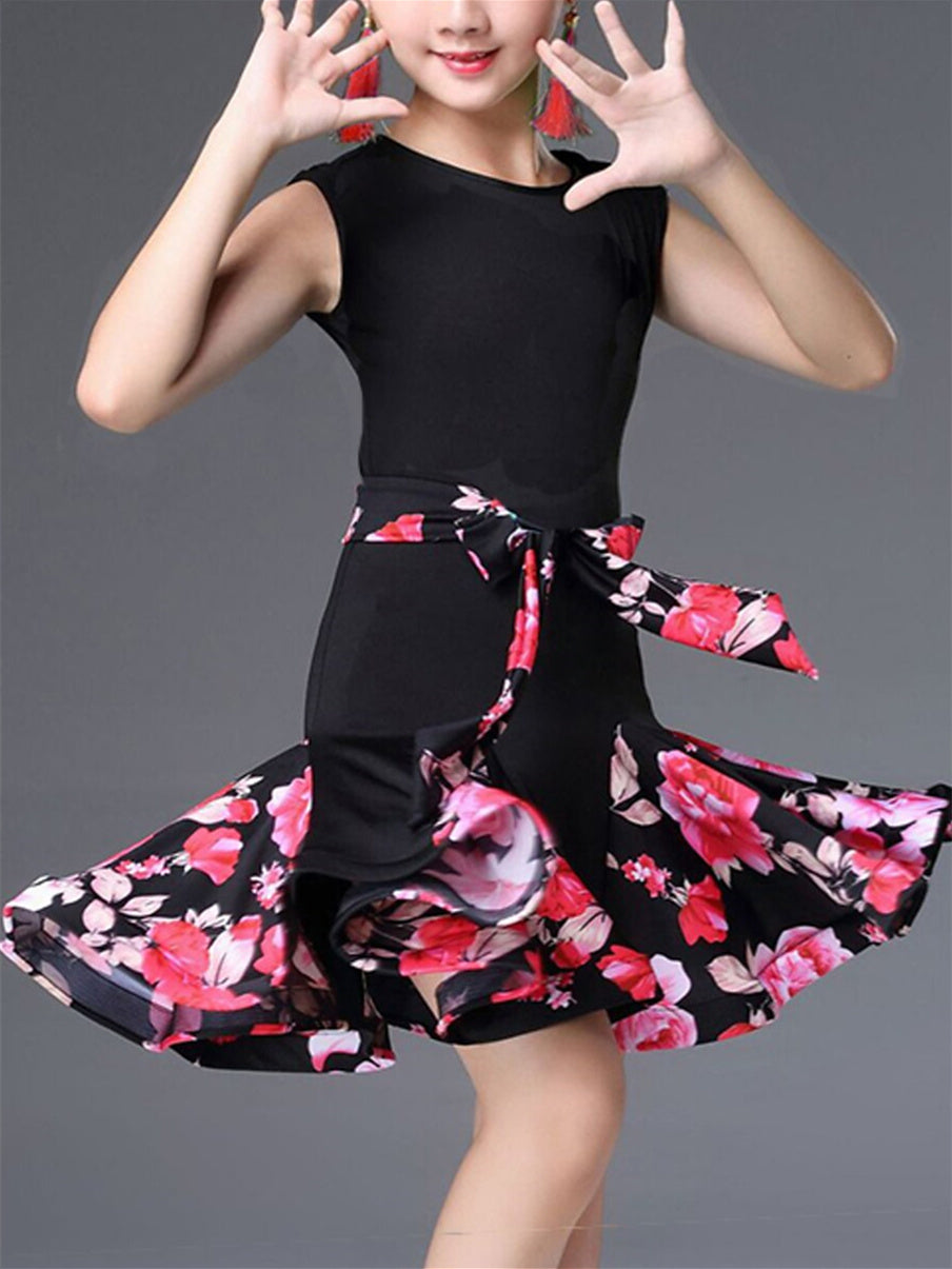 Robe de Danse Latine pour Enfants, Motif/Imprimé, Froncée, Fendue, Sans Manches, en Nylon, pour Filles