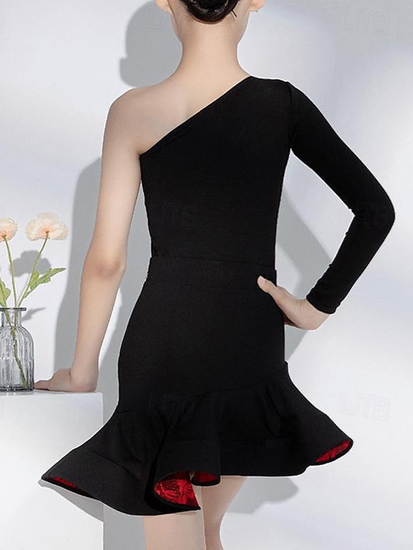 Vêtements de Danse Latine pour Enfants, Manches Longues Asymétriques, Épissage, Performance pour Filles et Élasthanne