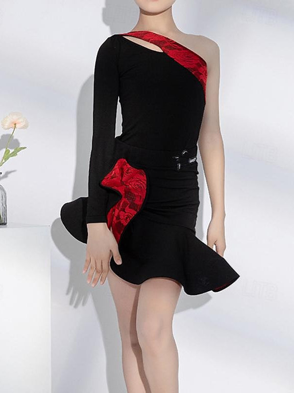 Vêtements de Danse Latine pour Enfants, Manches Longues Asymétriques, Épissage, Performance pour Filles et Élasthanne