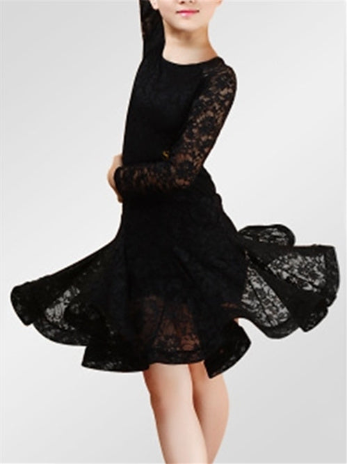 Robe de Danse Latine pour Enfants, en Dentelle, Froncée, Manches Longues, en Élasthanne, pour Filles