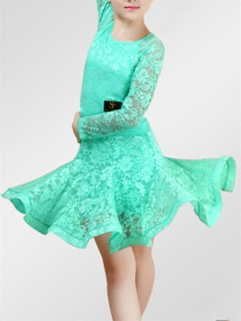Robe de Danse Latine pour Enfants, en Dentelle, Froncée, Manches Longues, en Élasthanne, pour Filles