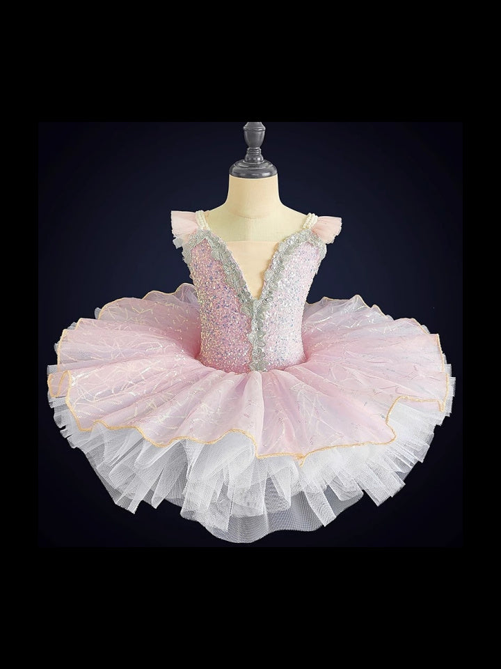Vêtements de Danse pour Enfants Robe de Danse de Ballet Paillette Tulle Carré Sans Manches Performance pour Filles Spandex Organza