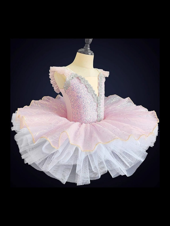Vêtements de Danse pour Enfants Robe de Danse de Ballet Paillette Tulle Carré Sans Manches Performance pour Filles Spandex Organza