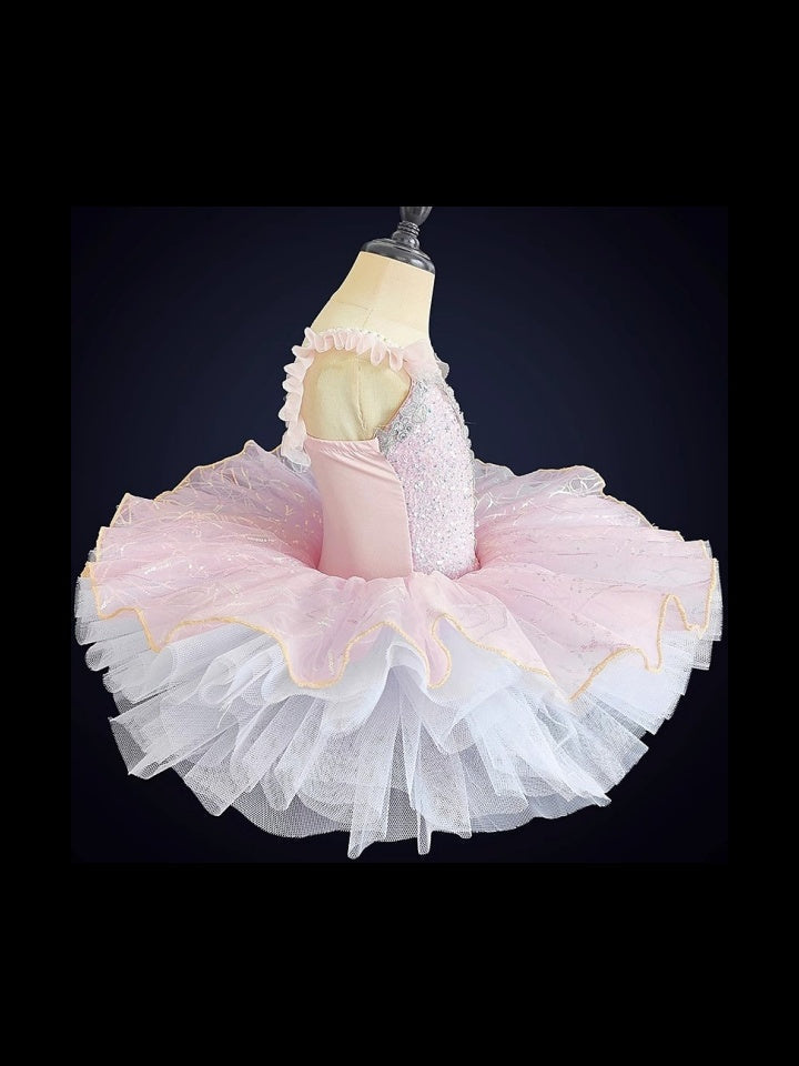 Vêtements de Danse pour Enfants Robe de Danse de Ballet Paillette Tulle Carré Sans Manches Performance pour Filles Spandex Organza
