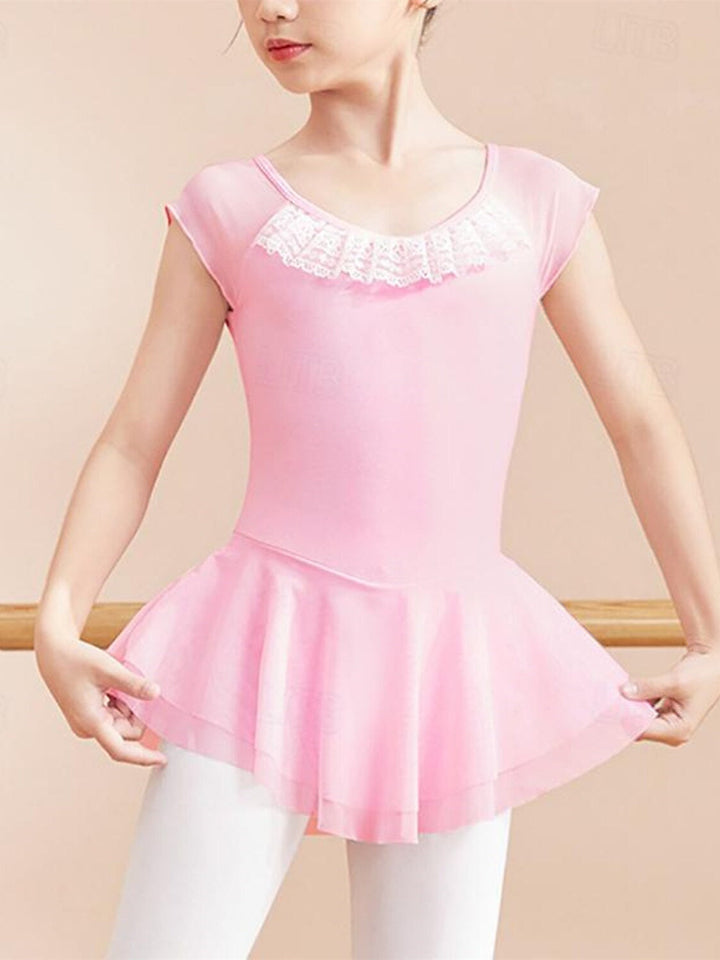 Robe de Danse pour Enfants, Robe de Ballet, Volants, Épissure de Couleur Pure, Manches Courtes, Mélange de Coton et de Performance pour Filles