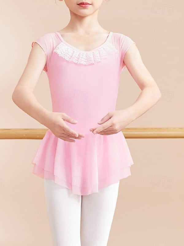 Robe de Danse pour Enfants, Robe de Ballet, Volants, Épissure de Couleur Pure, Manches Courtes, Mélange de Coton et de Performance pour Filles