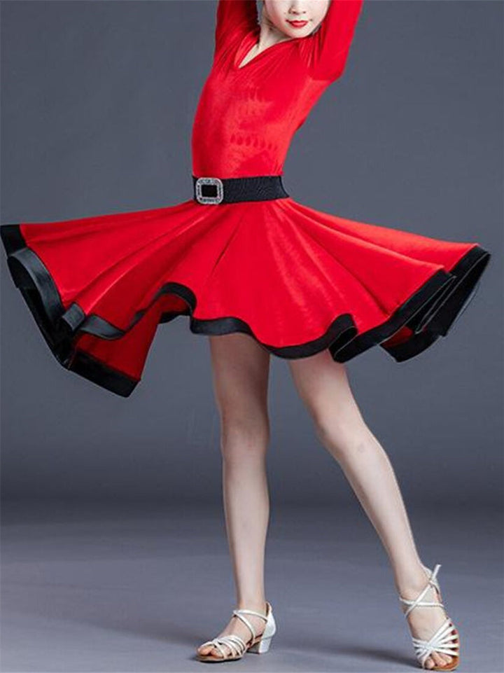 Robe de Danse Latine pour Enfants, Couleur Unie, Manches Longues, Polyester, Performance pour Filles