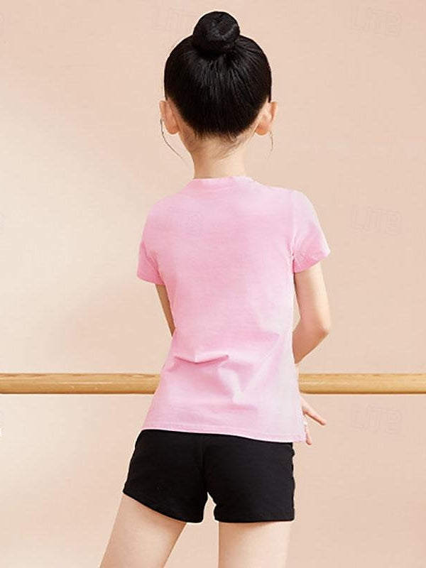 Vêtements de Danse pour Enfants, Mélange de Coton et de Performance à Manches Courtes pour Filles, Couleur Unie