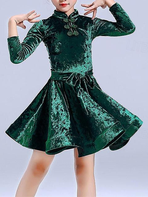 Robe de Danse Latine pour Enfants, Couleur Pure, Manches Longues, pour Filles, Performance et Térylène