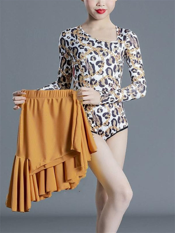 Jupes de Danse Latine pour Enfants, Vêtements de Danse Imprimés, Manches Longues, Performance en Élasthanne pour Filles