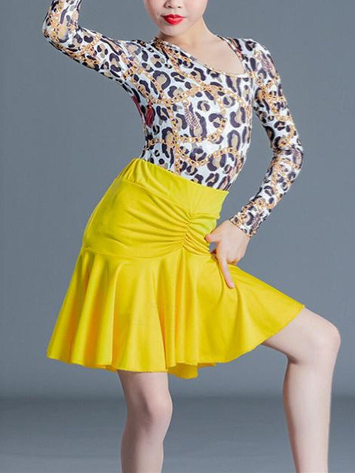 Jupes de Danse Latine pour Enfants, Vêtements de Danse Imprimés, Manches Longues, Performance en Élasthanne pour Filles